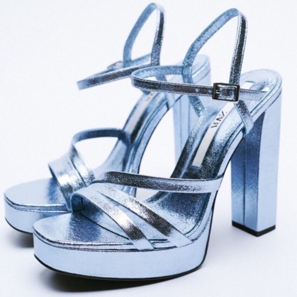 Zara Platform Metallic Powder Blue Sandals - Picture 1 of 10